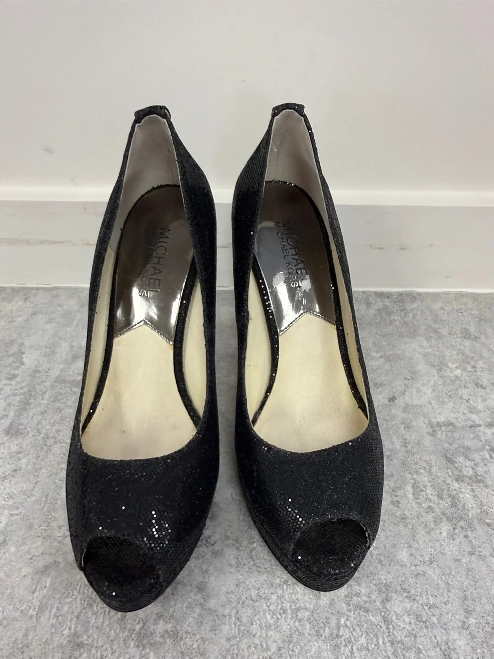 Michael Kors Black Sequin Peep-Toe Stiletto Heels sz 6
